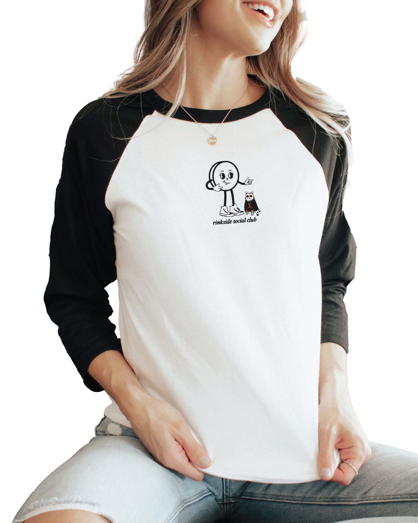 Black Cat Puck Girl Embroidered Baseball Tee